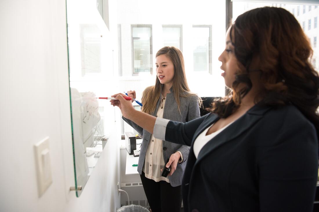 Two ladies in business attire working at a white board.
